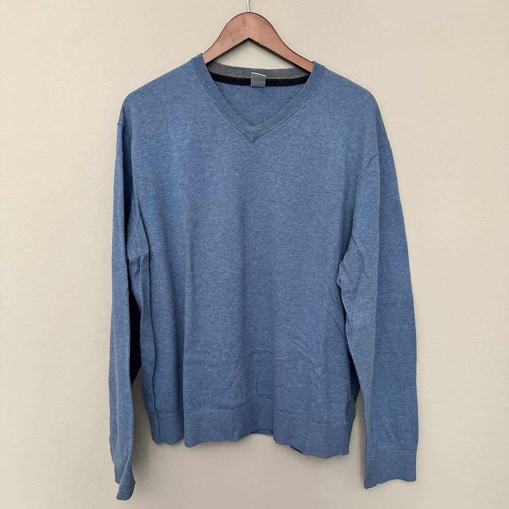 Gap Blue Heather Cotton V Neck Sweater XL Preppy Old Money Classic Americano